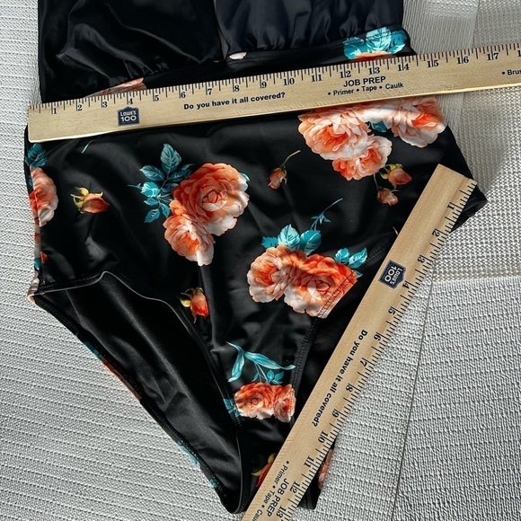 FLORAL SWIMSUIT XL One Piece Halter Back Out Deep V Neck Plunge Wireless Women - Picture 2 of 12